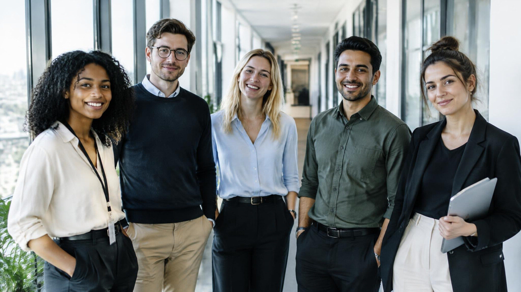 Group of colleagues standing together in an office hallway