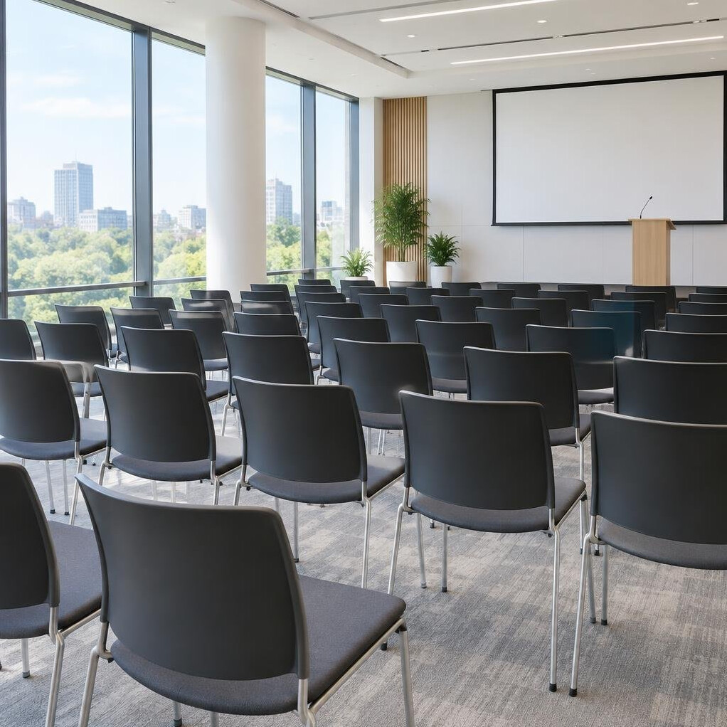 Rows of empty chairs in a conference room