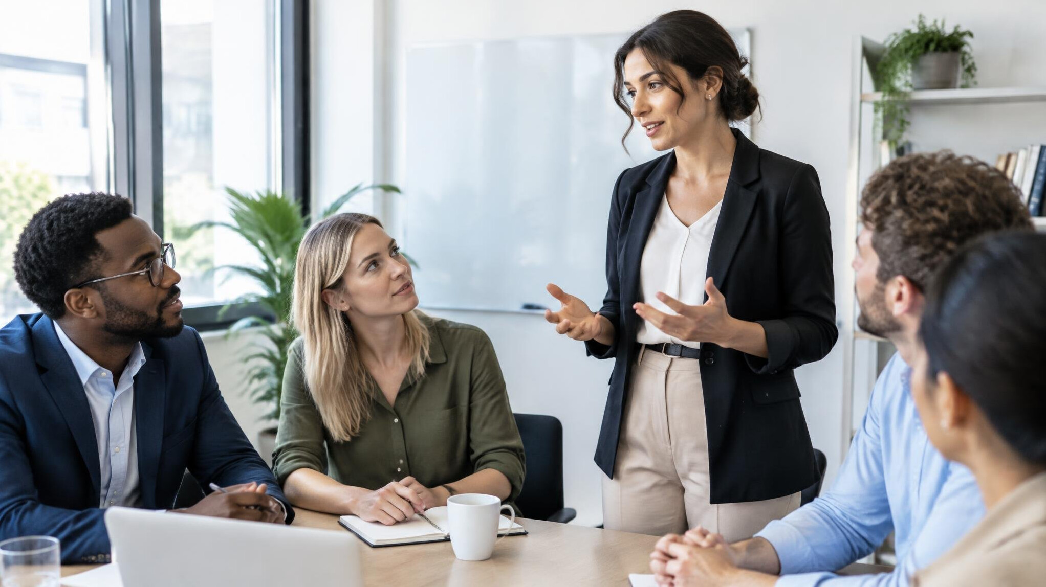Manager speaking to a small team around a table